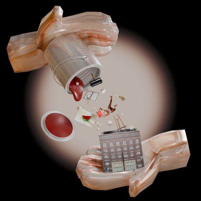 In shiny CGI: 2 hands. The one on top is holding a paint bucket, from which are spilling: a pierced tongue, few paint brushes, a wooden easel, a few painting canvas, one with a watermelon painted on it, pearls, a character with house-shaped head (from a previous call). The bottom hand is holding the iMAL building. Roofless, objects from the bucket are falling inside it.