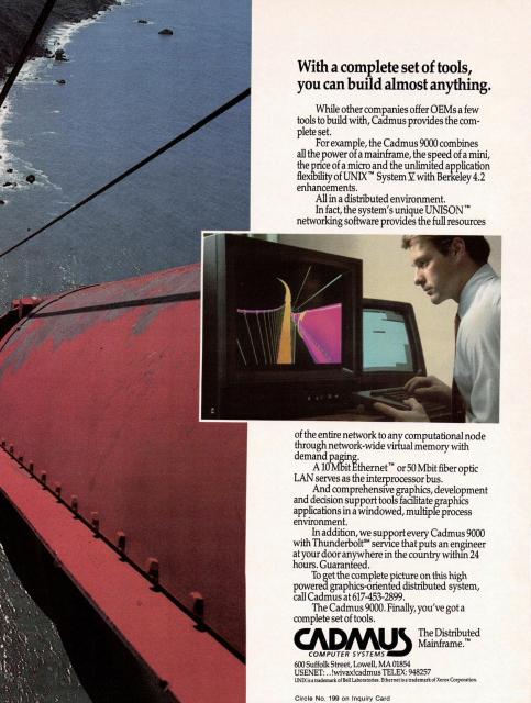 A man works on a computer with multiple monitors displaying graphical data, surrounded by an advertisement for Cadmus computer systems.