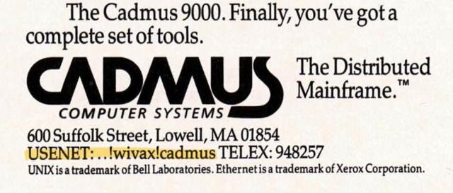 A vintage advertisement for the Cadmus 9000 computer system, highlighting its complete set of tools and contact information.
