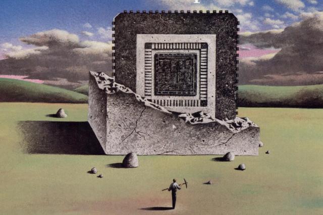 A tiny figure with a pickaxe walks towards a large, cracked stone block with a surreal, nested cube design, set in an open landscape under a cloudy sky.