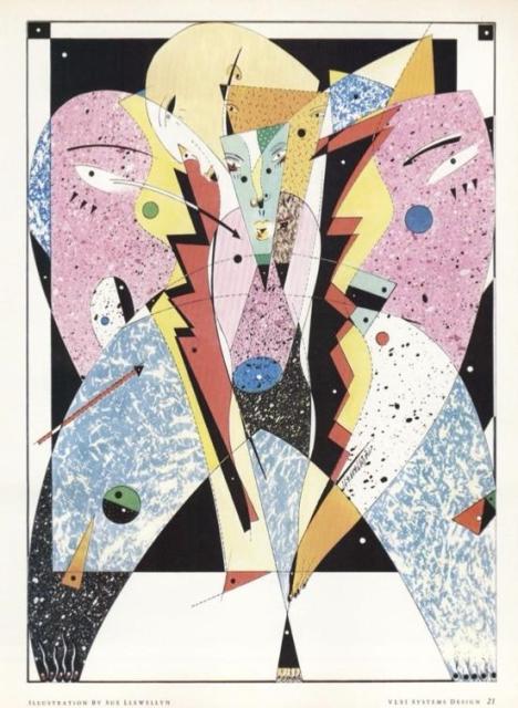 Abstract 1980s-style illustration of a stylized human figure made of bold geometric shapes and pastel colors, featuring angular faces, zigzag lightning-like lines, and speckled textures against a dark rectangular background.