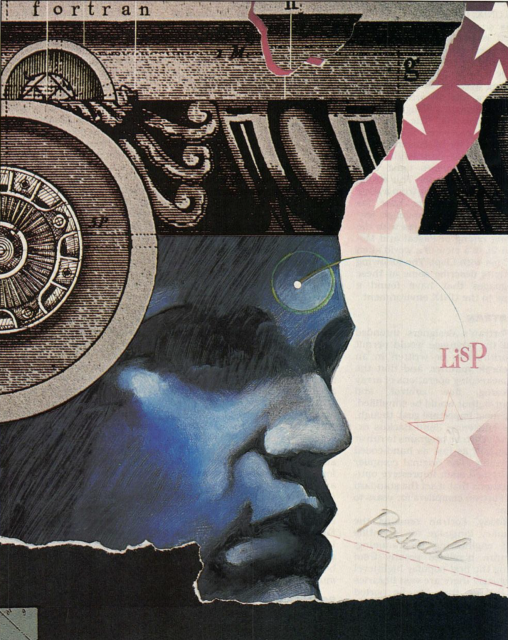 A surrealist collage depicting a human profile in side view, overlaid with mechanical engravings, pink stars, and the names of early programming languages, Fortran, Lisp, and Pascal evoking the dawn of computer science.