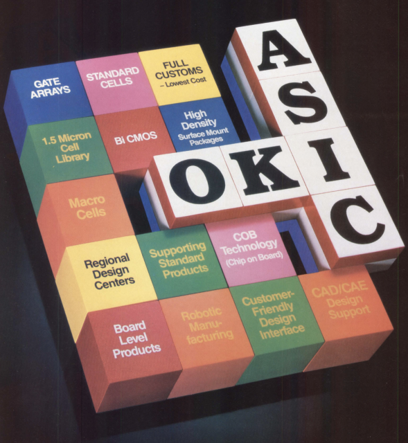Colorful 3D cube graphic spelling “ASIC,” with surrounding blocks listing semiconductor design and manufacturing services such as gate arrays, standard cells, full custom design, BiCMOS, surface-mount packages, chip-on-board technology, robotic manufacturing, and CAD/CAE support.