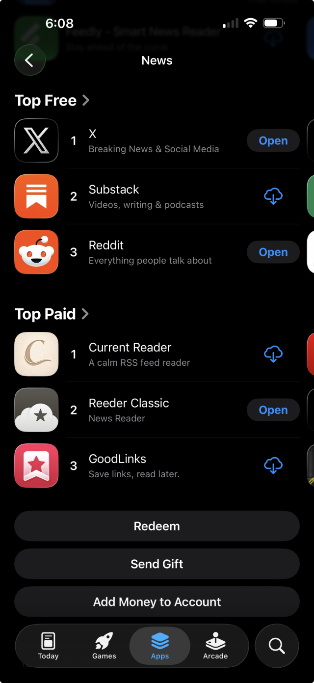A screenshot of the Apple iOS App Store top rankings showing Current, an rss reader, at number 1. 