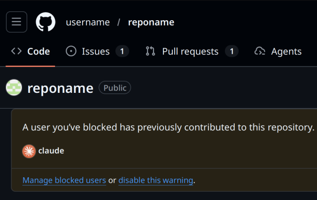 A github screenshot showing a repo with the message "a user you've blocked has previous contributed to this repository" 