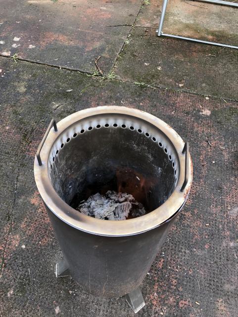 Still burning but not much visible flames. This is the point you stop the burn- before the charcoal also burns- by pouring lots of water on it to quench it. 