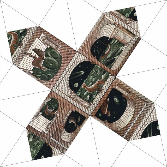 Origami crease pattern with a design based on M.C. Escher's Other World print.