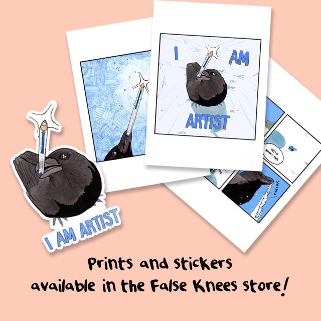 This is an ad for my print store that says "Prints and stickers available in the False Knees store!"
