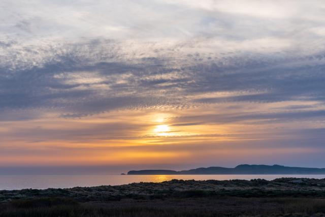 The sun sets over a coastal landscape, with brushy grass in the foreground and the sea and a promontory behind. [Fuji X-T5 / Sigma 17-40 1.8]