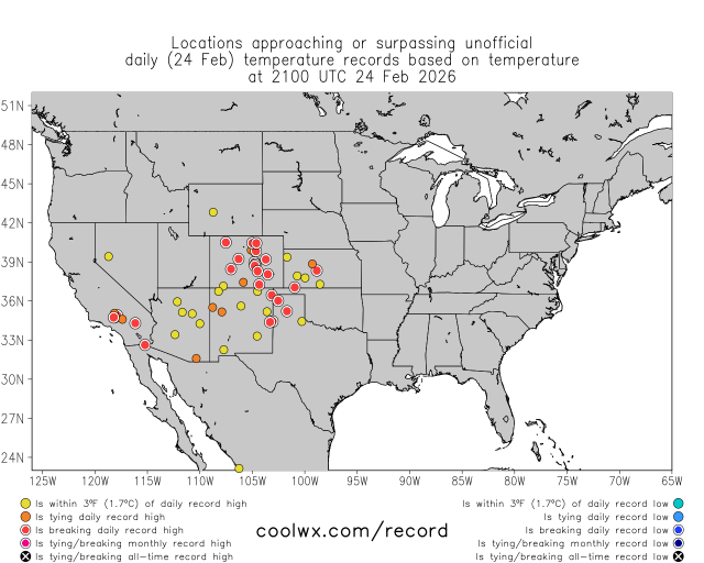 Map of locations currently experiencing record or near-record temperatures (from coolwx.com). There are many such locations, indicated in red and orange colors, across the Southwest and Southern Rockies.