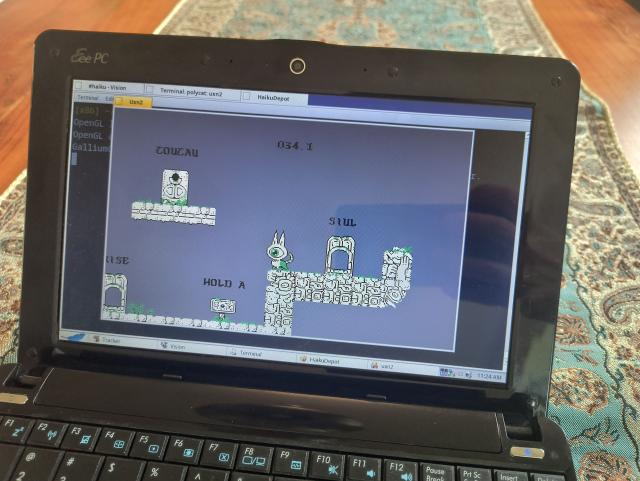 A cute cartoon cat with a single large eyeball standing on old looking pixelated platforms, inside a HaikuOS desktop