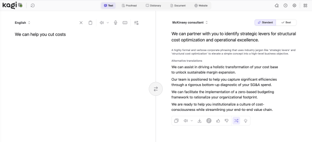 Screenshot of Kagi's translation tool translating the plain English phrase "We can help you cut costs" into "McKinsey consultant" speak. The output reads: "We can partner with you to identify strategic levers for structural cost optimization and operational excellence."