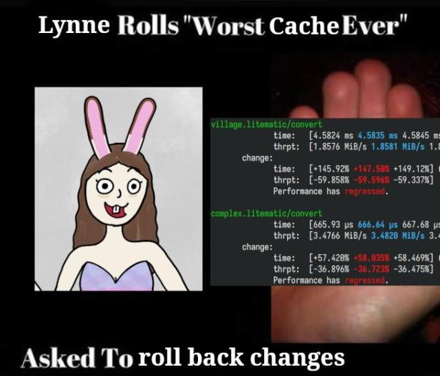 a meme. 

template: "worst joint ever" with hand holding badly rolled joint

edited caption: lynne rolls "worst cache ever", asked to roll back changes

image: a deranged-looking drawing of my rabbit character fursona thing