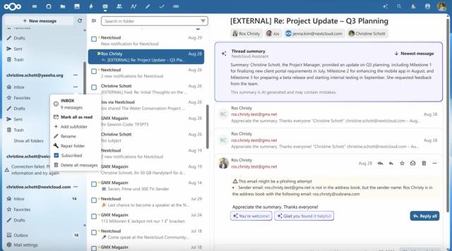 Screenshot of nextzcloud mail showing a three column mail software layout and an topbar. Left column: folders, inbox, drafts etc with an open dropdown on a three dot button with vertically centered icons next to the list items. One of them being a colored checkbox, the other ones dark gray. Middle column, mail list. The contents of the list items are crammed together with an icon almost touching the text next to it and the icon almost touches the list item checkbox that is on the left. The right column shows three mails, an AI summary, a warning that a mail might be a phishing attempt and three buttons plus a toolbar.

It looks super busy, it has almost no visual hierarchy.