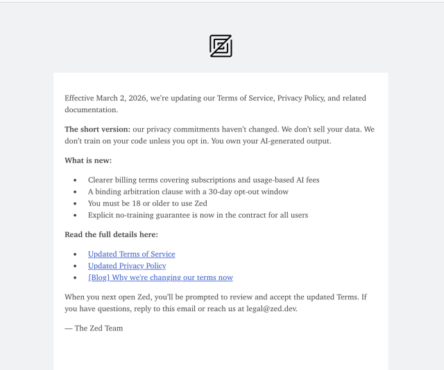 ToS changes of Zed, including the new 18+ requirement.