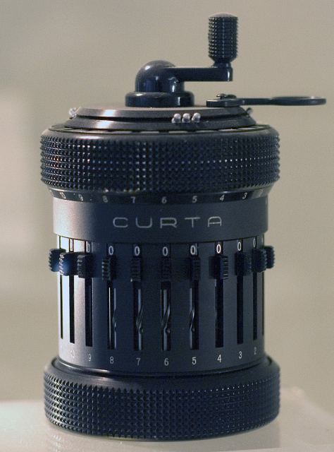 Photo: A Curta Type II mechanical computer on display at the National Museum of Computing, Bletchley Park

It looks a bit like a pepper grinder with mechanical settings all around the body to set individual decimal digits, and a crank up top to advance the mechanical computation.