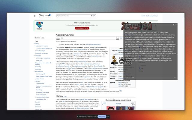La page Wikipedia des Grammy Awards, par-dessus laquelle est affichée une petite fenêtre grise translucide contenant du lorem ipsum.