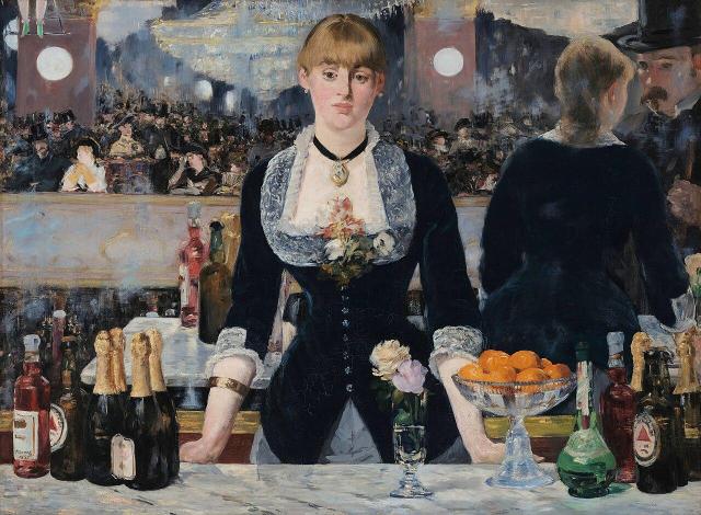 A young barmaid behind the bar at the famous French nightclub Folies-Bergère is staring forward in a bored, introspective way.  Behind her is a mirror which reflects the lively scene.  At the top left you see the green shoes of a trapeze artists.  More importantly, at right you see the back of the barmaid, and see that she is face to a man who leans close and seems to be requesting something.

This is Manet's famous painting "A Bar at the Folies-Bergère":

https://en.wikipedia.org/wiki/A_Bar_at_the_Folies-Berg%C3%A8re