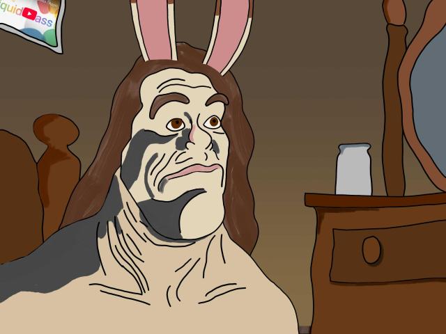 a traced still from Ren & Stimpy. the original scene is of a fire chief (a depiction of Ralph bakshi) staring into the middle distance with a grin expression. i've recoloured it to represent my rabbit character thing. also, the "break glass in emergency" box in the background has been replaced with a screenshot of the original YouTube thumbnail for apple's liquid glass reveal. in the screenshot, the "play" button covers some of the text, making it appear to read "liquid ass".