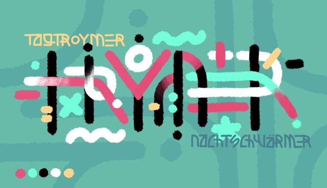 An abstract font spelling TROYMER. It has two smaller words on top and bottom spelling TAGTROYMER and NACHTSCHWÄRMER