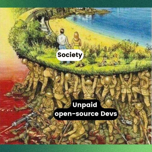 This illustration shows society standing on the blood sacrifice (not literal) of unpaid open source developers.

Depicted with lush green land above, with many injured soldiers holding it all up.