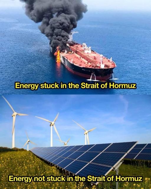 Meme showing oil tanker on fire vs solar panels and windmills 