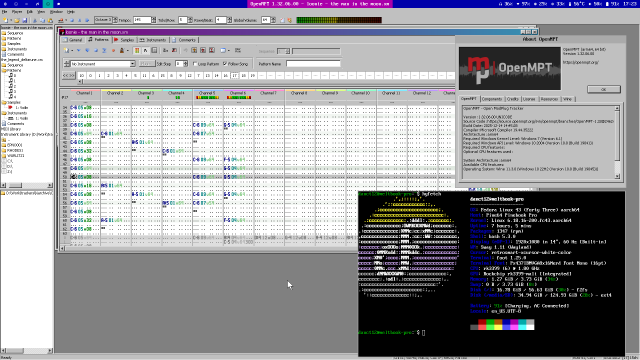 Screenshot of the program "OpenMPT", a popular tracker music creation/playback program playing the track "the man in the moon" by loonie.

The right side of the screen shows the about dialog of OpenMPT, which confirms that the program is built for arm64.

Below that is a terminal with a fetch application. It shows that the user is running Fedora 43 on a Pinebook Pro. The Fedora logo in the fetch is non-binary colored.