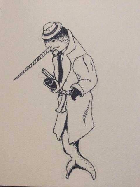 A handdrawn image of a narwhal in a trenchcoat and fedora, with a pistol in one flipper.