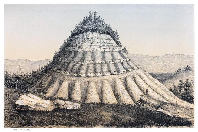 View of a cone-shaped hill, topped with fir trees, in the Tucumcari Valley. The author mentions it as follows:
"This valley also possesses a very curious pyramid 510 feet in height; it is formed of twelve horizontal beds of lime, of sandstone, and of white, yellow, grey, green, and red marl. The superior strata of this pyramid of Jurassic formation contain numerous fossils..."