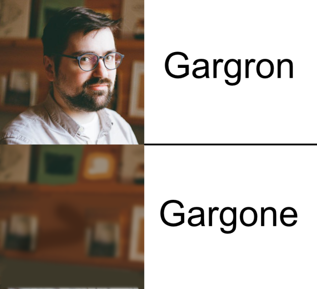 The profile picture of Gargron and the background of the same image but with the text Gargone instead.