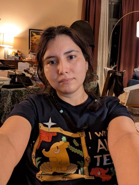 A woman with her arms extended towards the camera, wearing the "I write alt text" t-shirt  that features a red mastodon excitedly describing the birth of Venus painting (in elephant form) to a green mastodon carrying a cane and wearing dark glasses, with a description underneath.