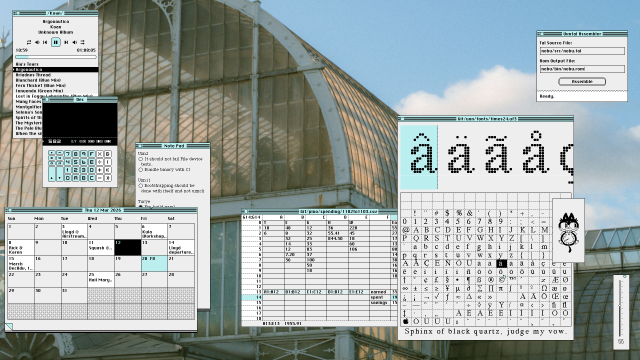 A desktop screenshot with System 7 style applications with a blue sky wallpaper.