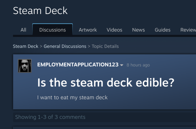 a forum thread titled "Is the steam deck edible?"