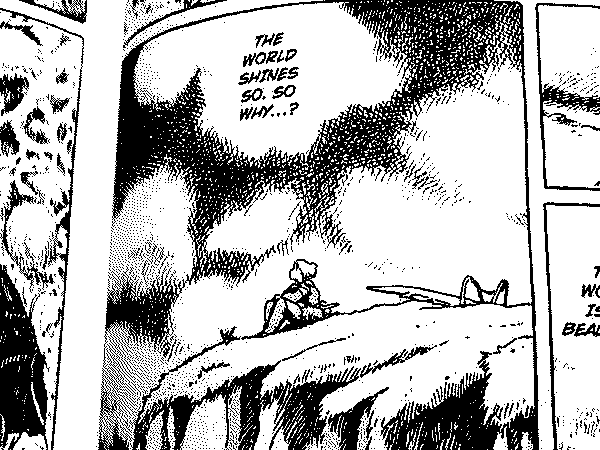 Nausicaä sits at the edge of a cliff, with her möwe glider nearby, gazing up at the clouds. Text overhead reads "The world shines so. So why...?"