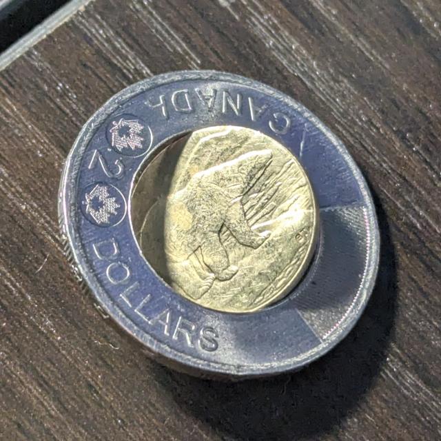 The center part is perturbing and rotatted compared to the other part of the coin