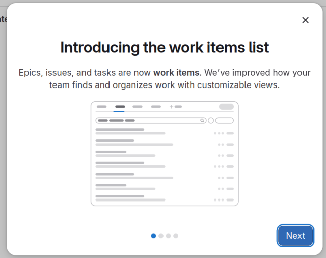 gitlab screenshot: introducing the work items list. epics, issues, and tasks are now work items. we've improved how your team finds and organises work with customisable views.