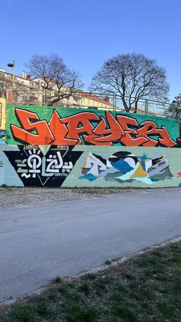 Picture of a hall of fame in Vienna at the canal with multiple graffiti next and on top of each other.