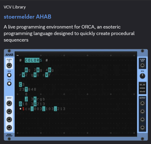 a picture of the ORCA procedural midi interface inside of a vcv rack module enclosure in the software VCV rack, there are clock and other inputs as well as output connections