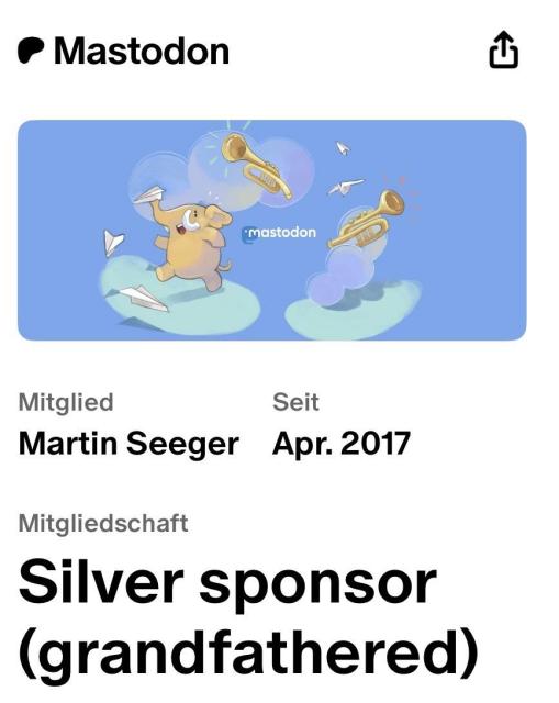 The image features a playful cartoon elephant wearing a party hat and playing a trumpet against a blue background. It includes the text "Mastodon," along with details about a member named Martin Seeger, joined in April 2017, and is shown as a Silver Sponsor. 