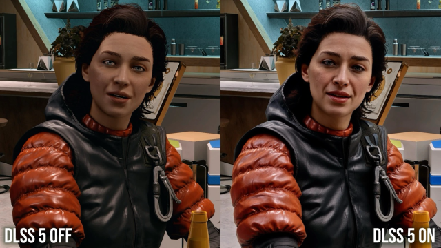 A comparison screenshot of a female character in a videogame. On the left is what the game actually looks like, labeled DLSS 5 OFF. On the right is an “enhanced” version of the same scene, with a yassified face of the featured character, labeled DLSS 5 ON.