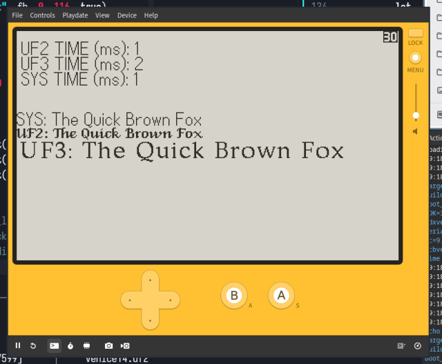 A playdate simulator showcasing a UF2, UF3 and system font rendering some text and the performance (in ms) of running the drawing 100 times.