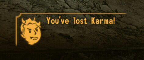 fallout new vegas "you've lost karma!" notification, accompanied by the pip-boy mascot with devil horns and a grumpy snarl
