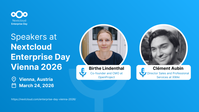 Graphic for Nextcloud Enterprise Day Vienna 2026 featuring Birthe Lindenthal (OpenProject) and Clément Aubin (XWiki) as speakers, with event details including March 24, 2026, in Vienna, Austria and a link to the event website.