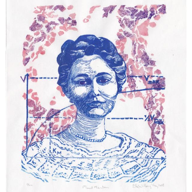 Linocut portrait of biochemist and medical researcher Maud Menten (1879-1960) with the Michalis-Menten equation in blue and a histology image in pinks and purples in the background.
