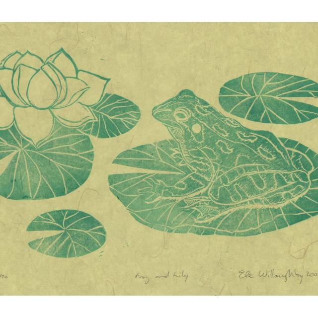 Linocut print of a leopard frog on a lily pad gazing at a water lily with a few other lily pads, all printed in green ink on pale green Japanese paper.