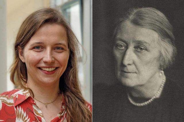 Side-by-side portraits of two women: on the left, Maren Nattermann, a young woman with wavy brown hair, blue eyes, and a red blouse; smiling. On the right, a sepia-toned studio photo of Marjory Stephenson as an older woman with white hair in an updo, wearing a pearl necklace and a dark dress; with a neutral expression.