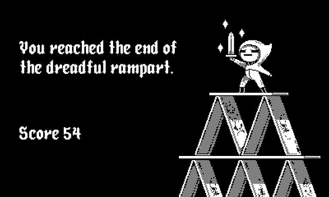 A lil guy on top of a house of cards holding a sword up in victory!