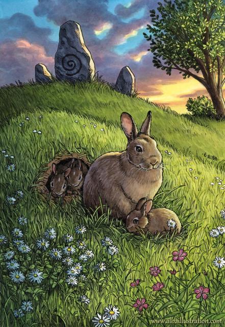 Ink and watercolor illustration of a mother rabbit and 3 baby rabbits at their den in a grassy field of flowers. Behind them on a hill are ancient standing stones, a tree, and a sky at sunset.