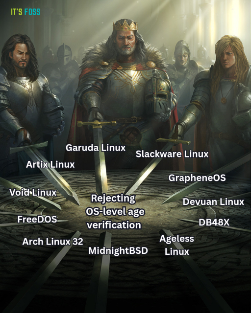 The picture shows a round table, with armored warriors surrounding it. The ones on the table have pointed their swords on the table's center.

The warriors are: Garuda Linux, Slackware Linux, GrapheneOS, Devuan Linux, DB48X, Ageless Linux, MidnightBSD, Arch Linux 32, FreeDOS, Void Linux, and Artix Linux.

They are all pointing towards the same decision of "rejecting OS-level age verification."