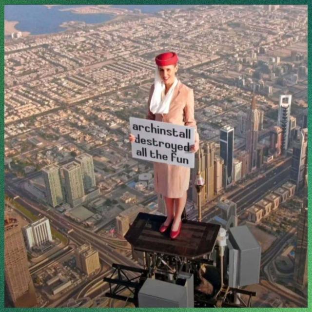 There is a woman standing on top of a skyscraper, holding a sign that says, "archinstall destroyed all the fun."